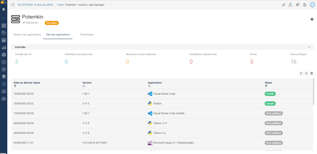 visualisation des états des applications installées sur votre parc dans App Manager RMM RG System