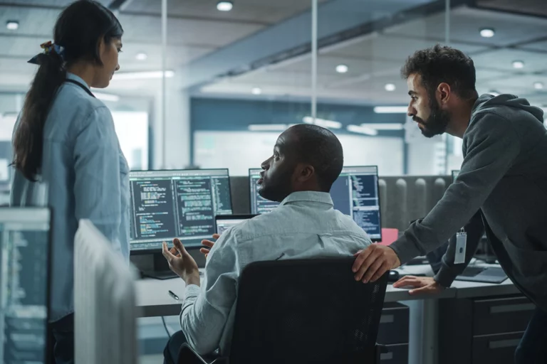Techniciens qui utilisent un logiciel de supervision réseau